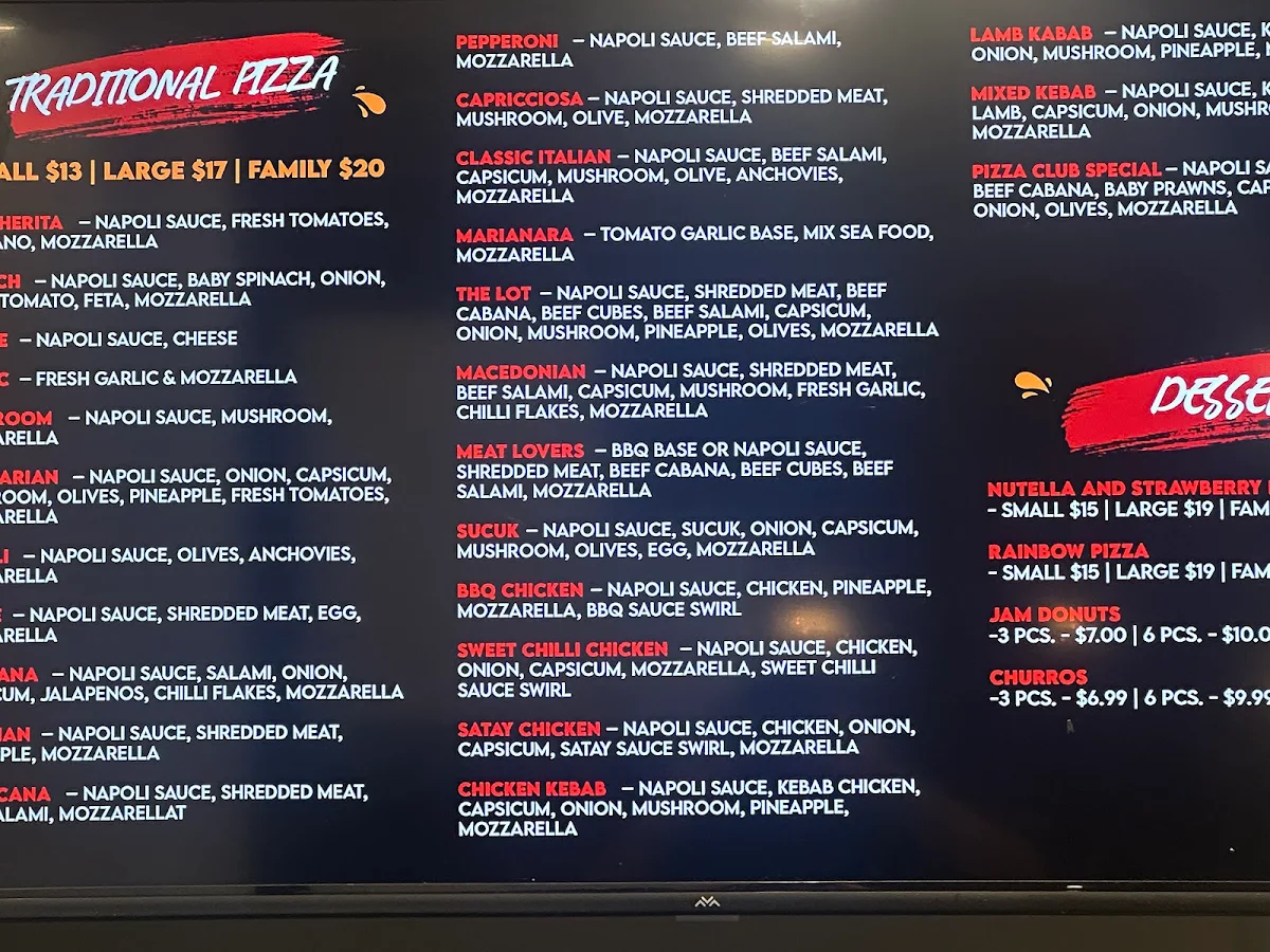 Menu, PIZZA CLUB TARNEIT