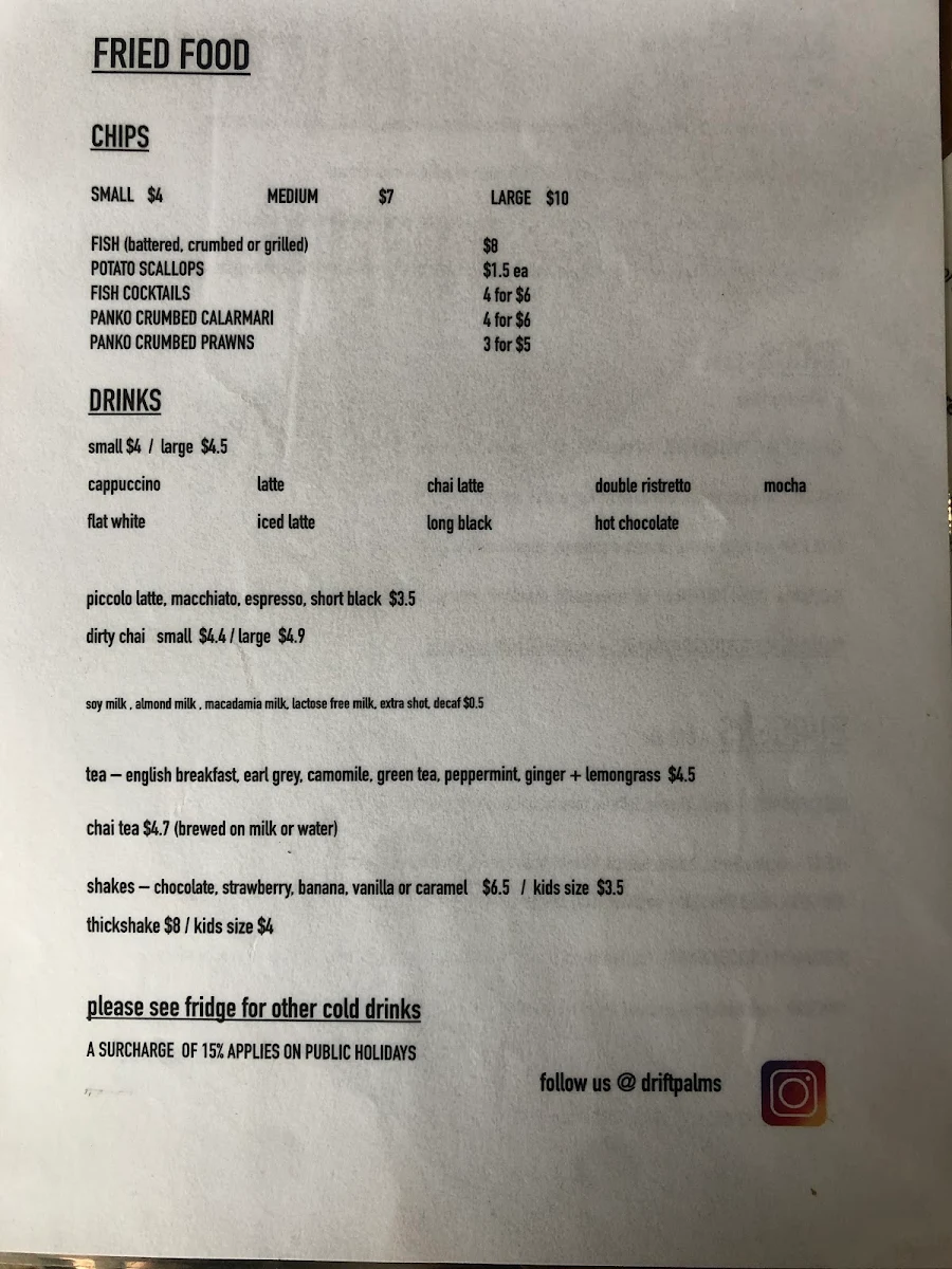 Menu, Drift palms