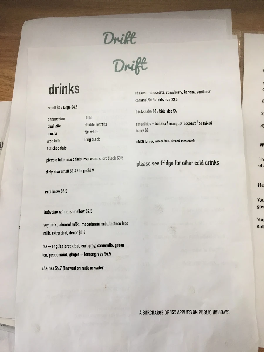 Menu, Drift palms