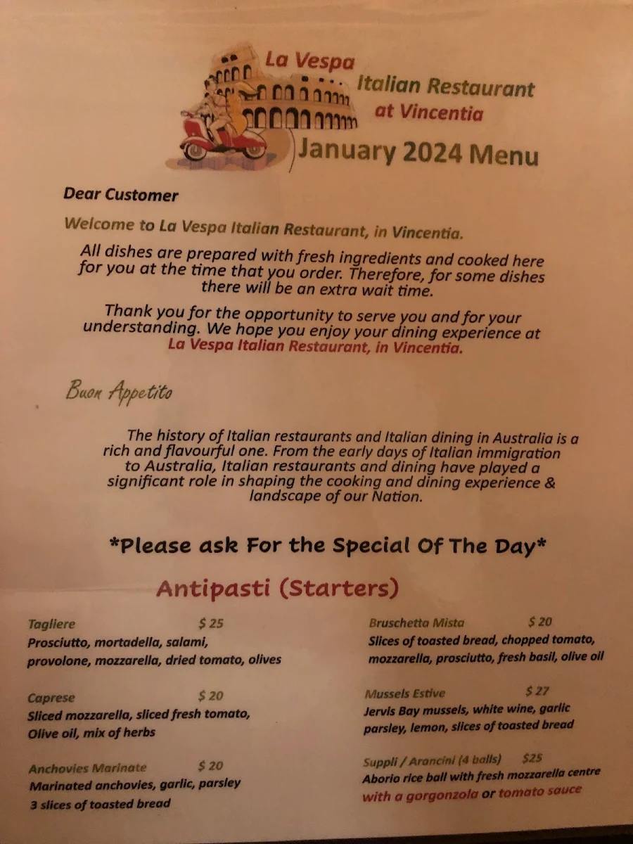 Menu, La Vespa Italian Restaurant