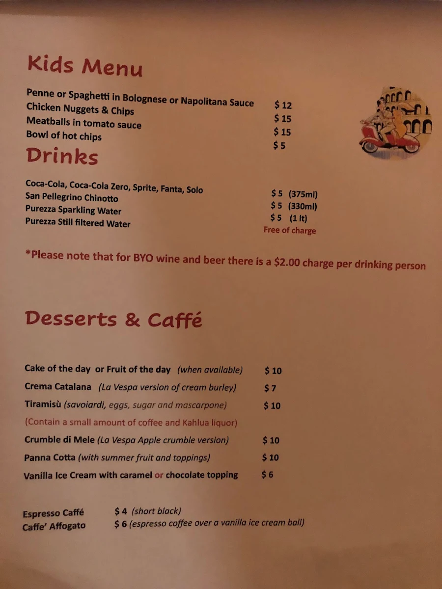 Menu, La Vespa Italian Restaurant