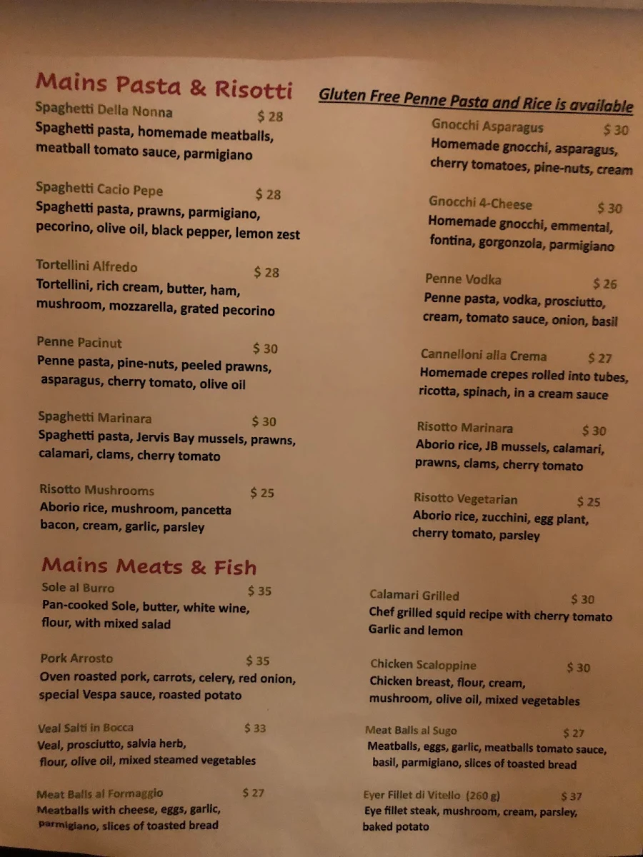 Menu, La Vespa Italian Restaurant