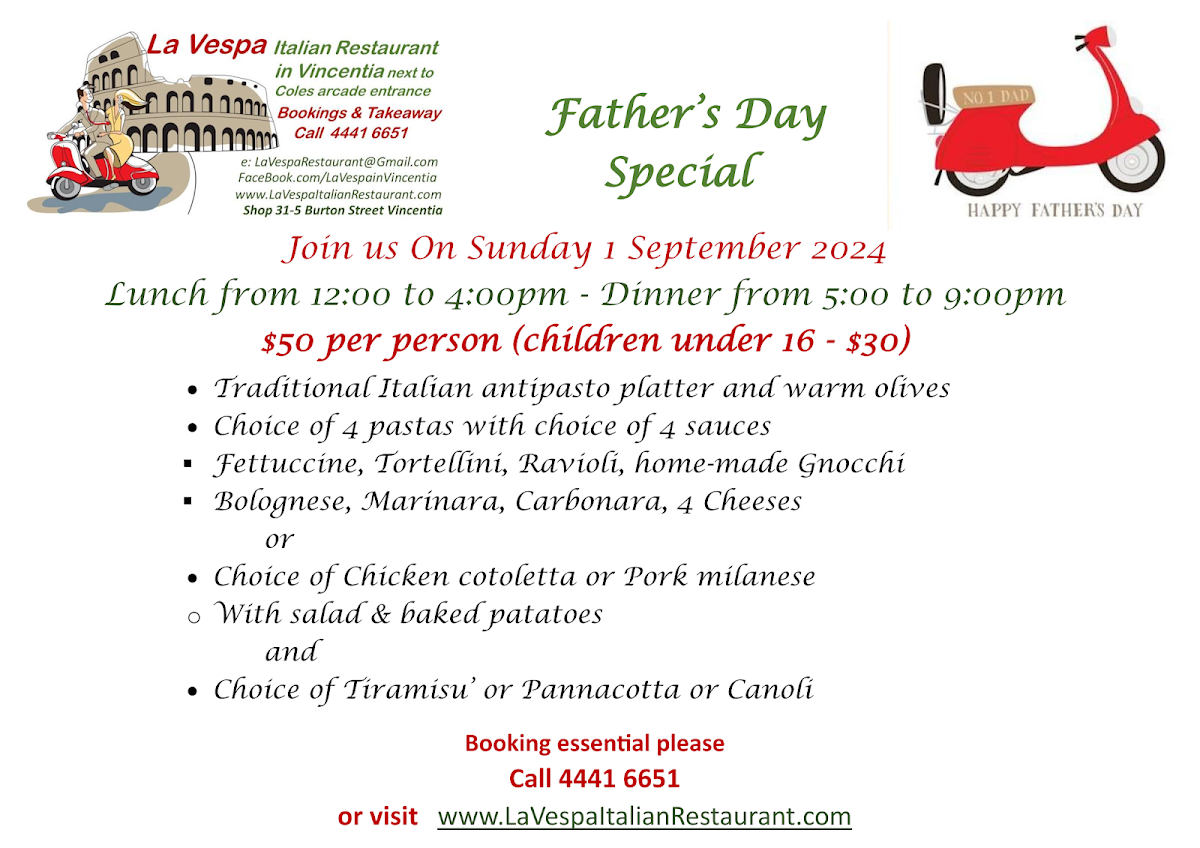 Menu, La Vespa Italian Restaurant