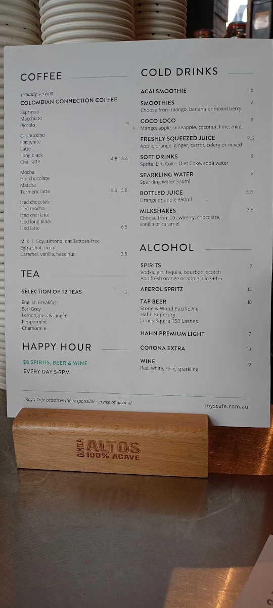 Menu, Roy's Cafe