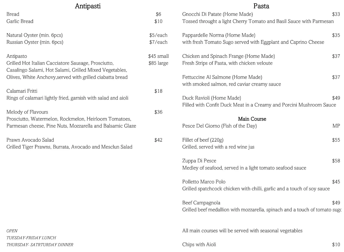 Menu, Cafe Lucia