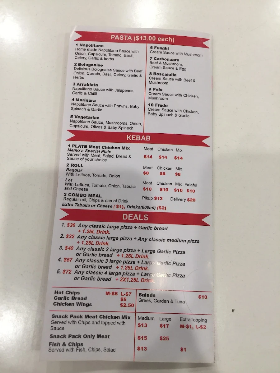 Menu, Memo's Pizza and Kebab - Greenacre