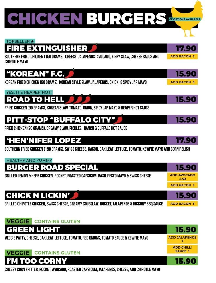 Menu, Burger Road - Watsonia