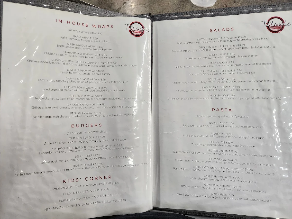 Menu, Titanic Restaurant & Café