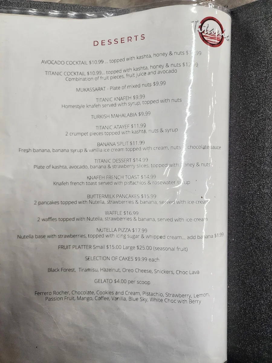 Menu, Titanic Restaurant & Café