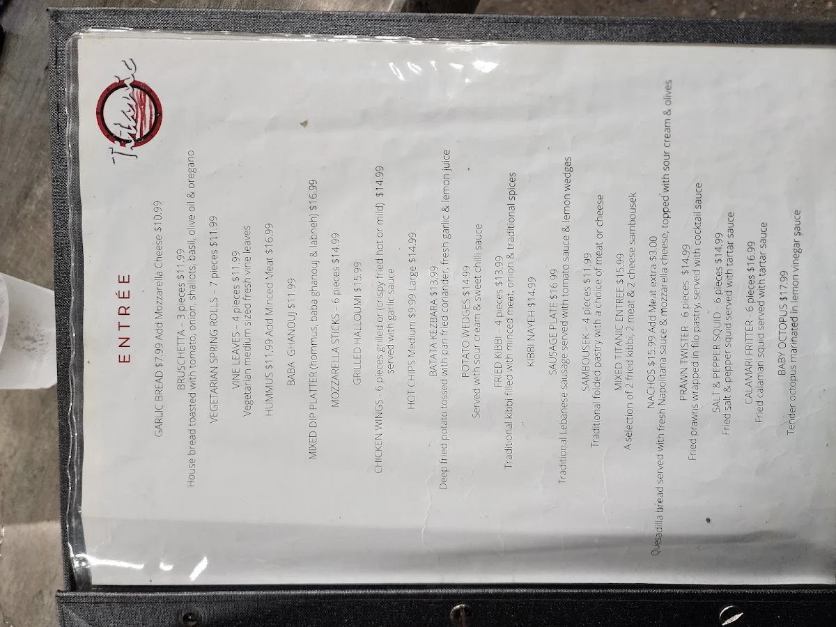 Menu, Titanic Restaurant & Café