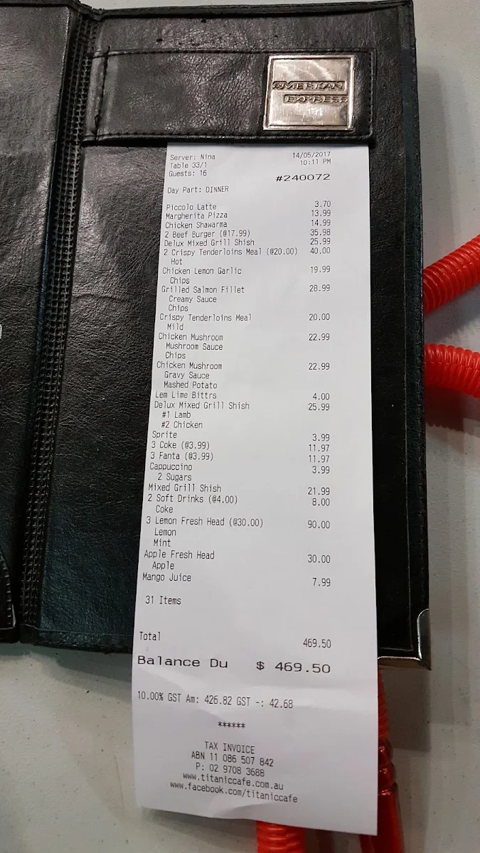 Menu, Titanic Restaurant & Café