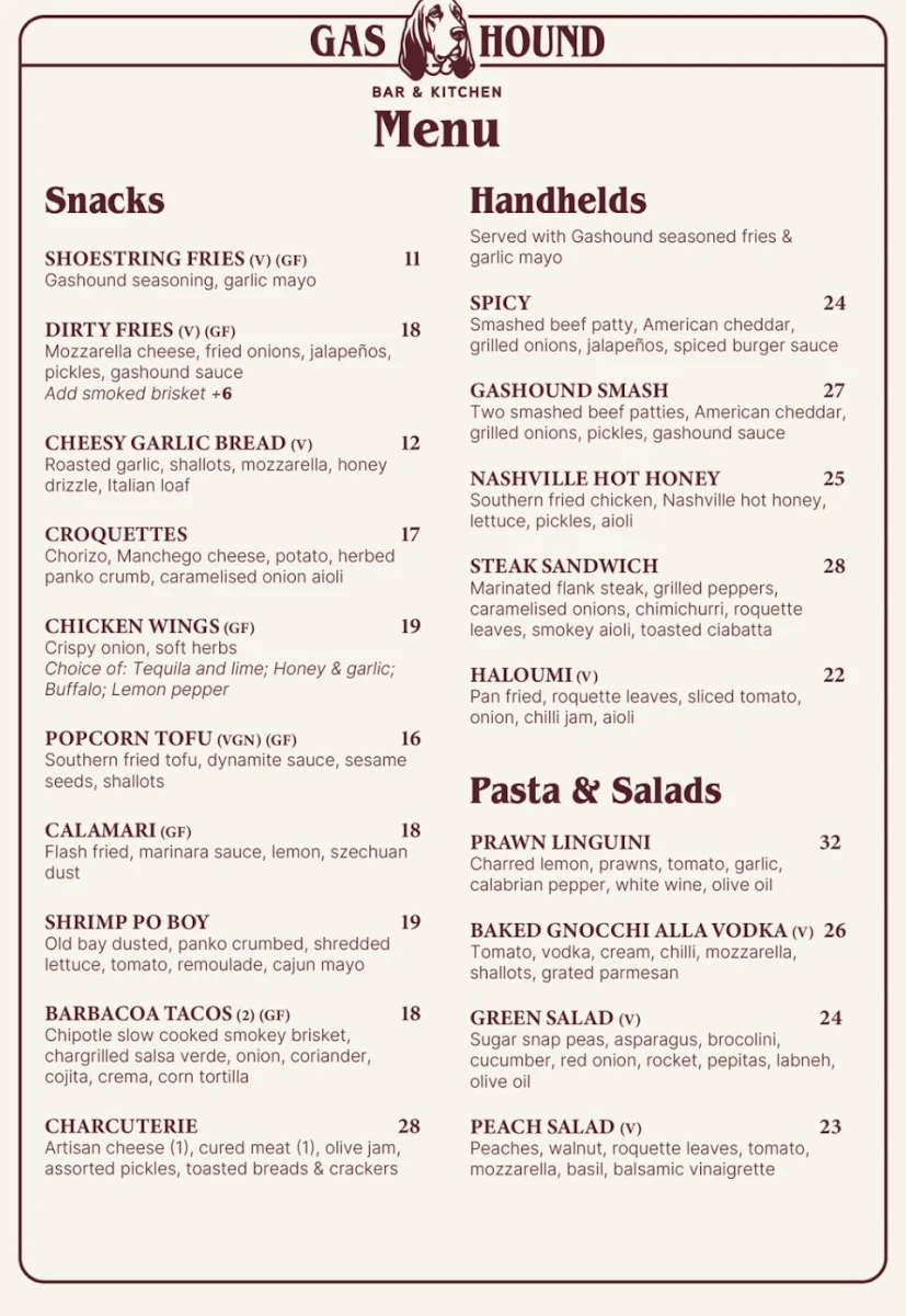 Menu, Gas Hound Bar & Kitchen