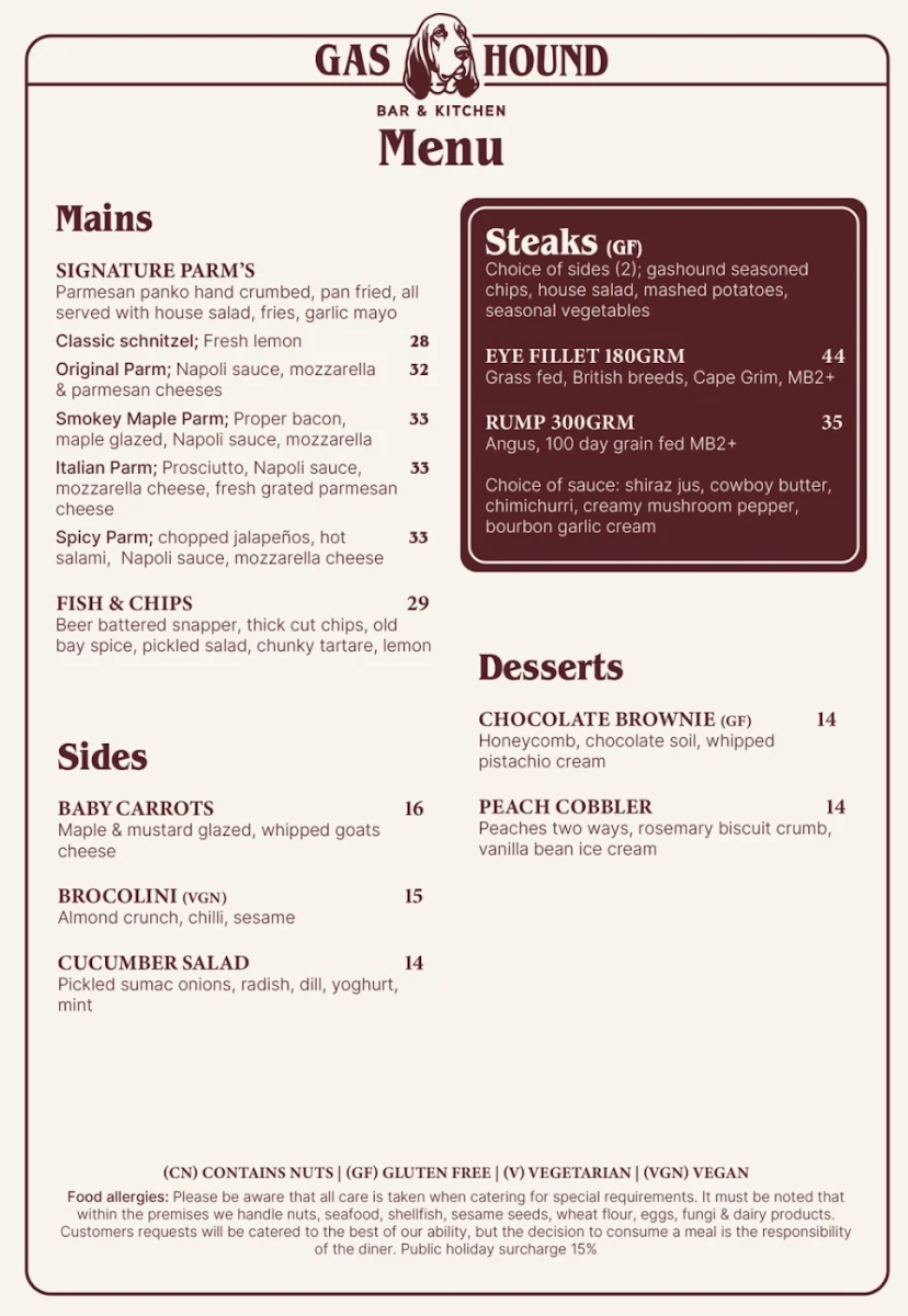 Menu, Gas Hound Bar & Kitchen
