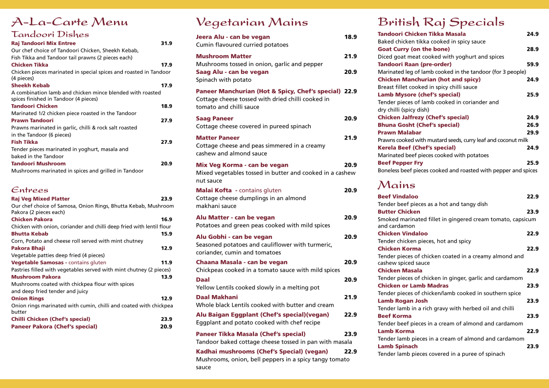Menu, British Raj