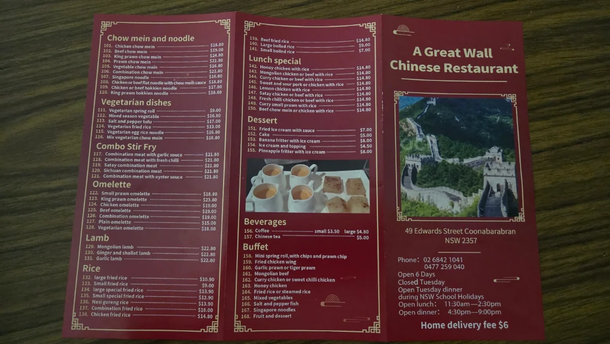 Menu, The Great Wall Chinese Restaurant