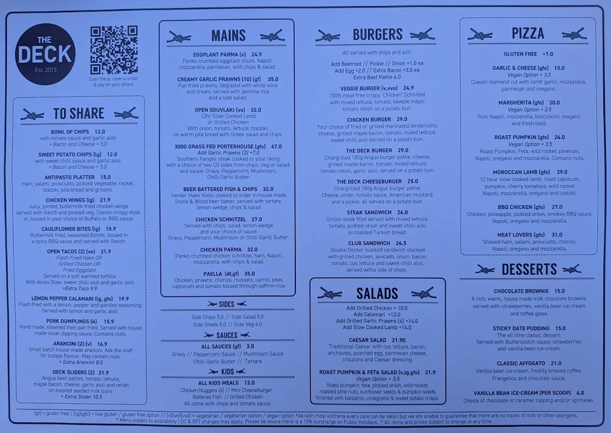Menu, The Deck Est.2013