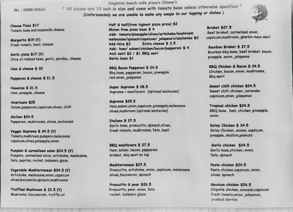 Menu, Singleton Beach Cafe