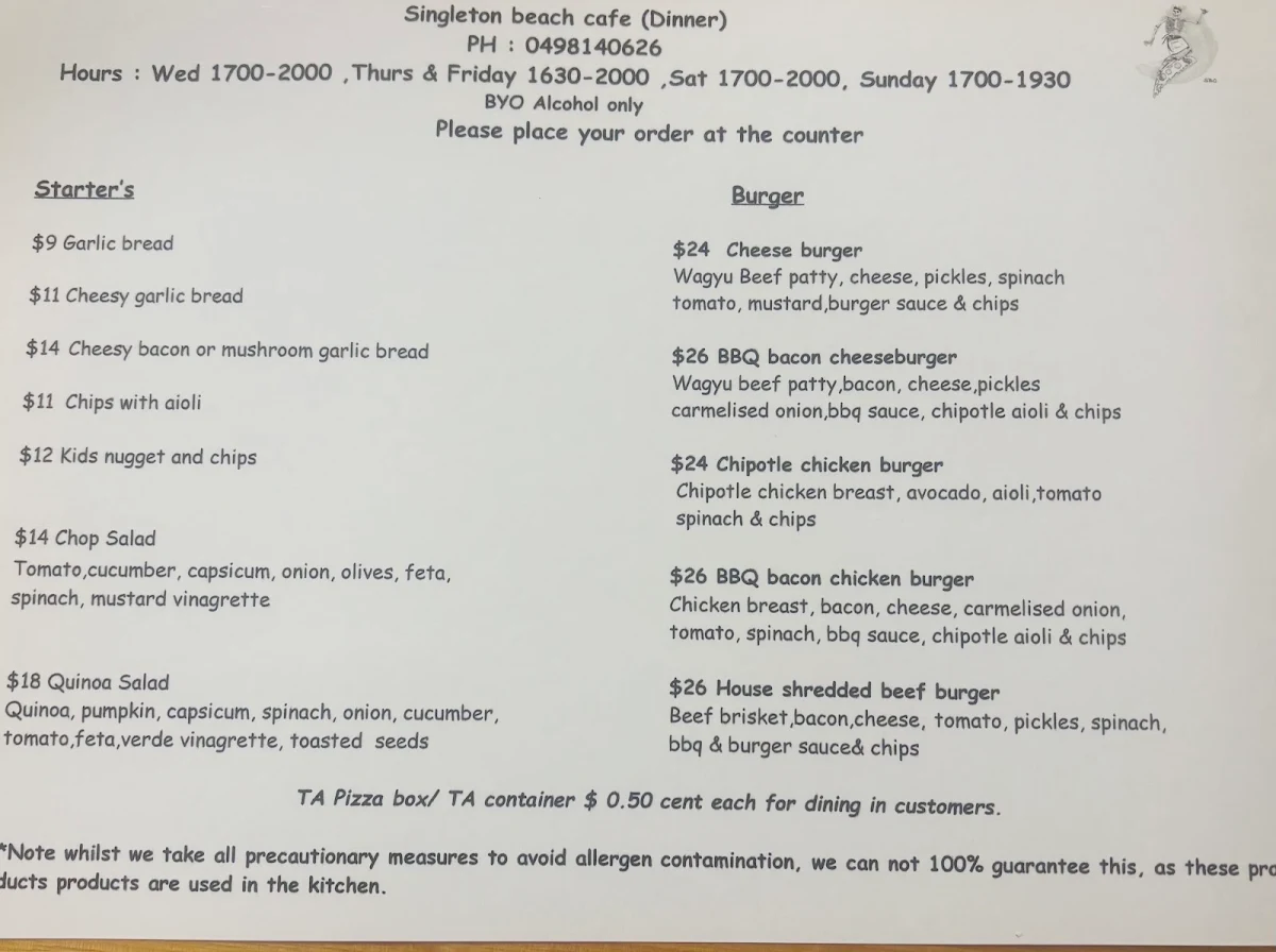 Menu, Singleton Beach Cafe