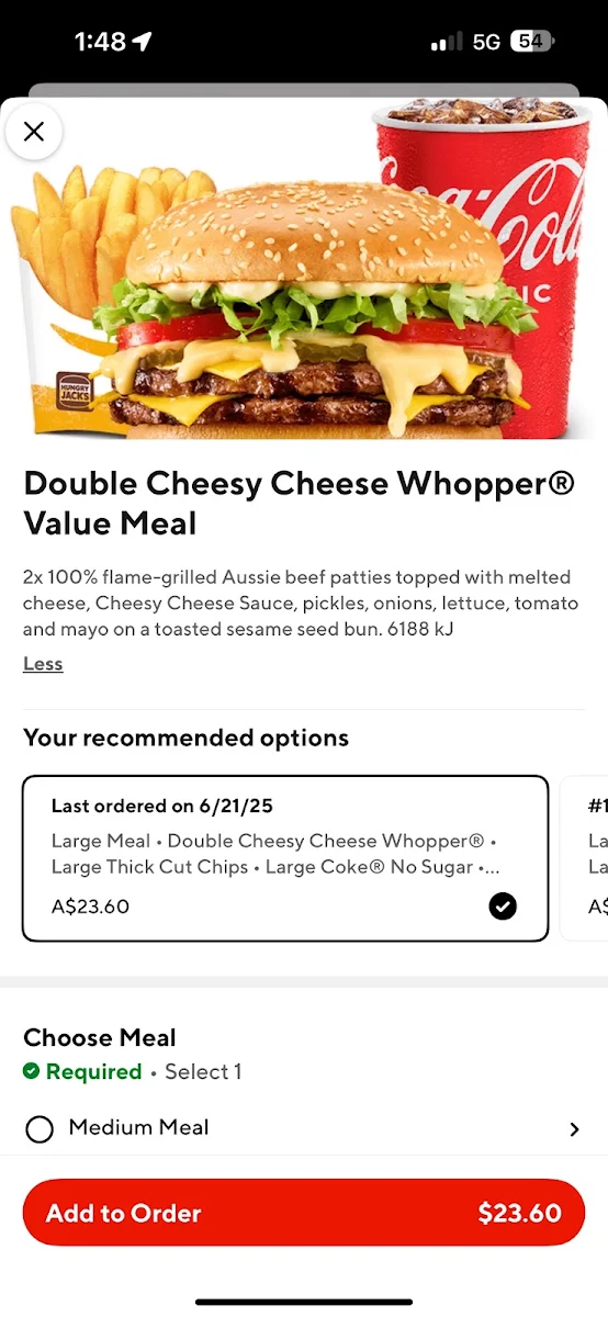Menu, Hungry Jack's Burgers Fairy Meadow