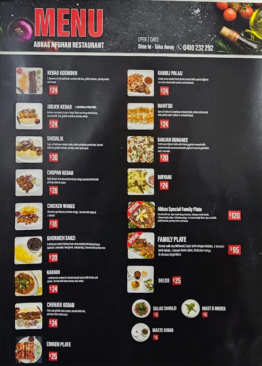 Menu, Abbas Afghan Restaurant