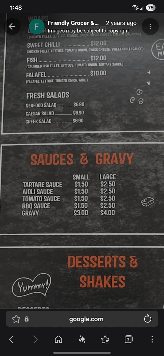 Menu, Friendly Grocer & Windaroo Village Takeaway