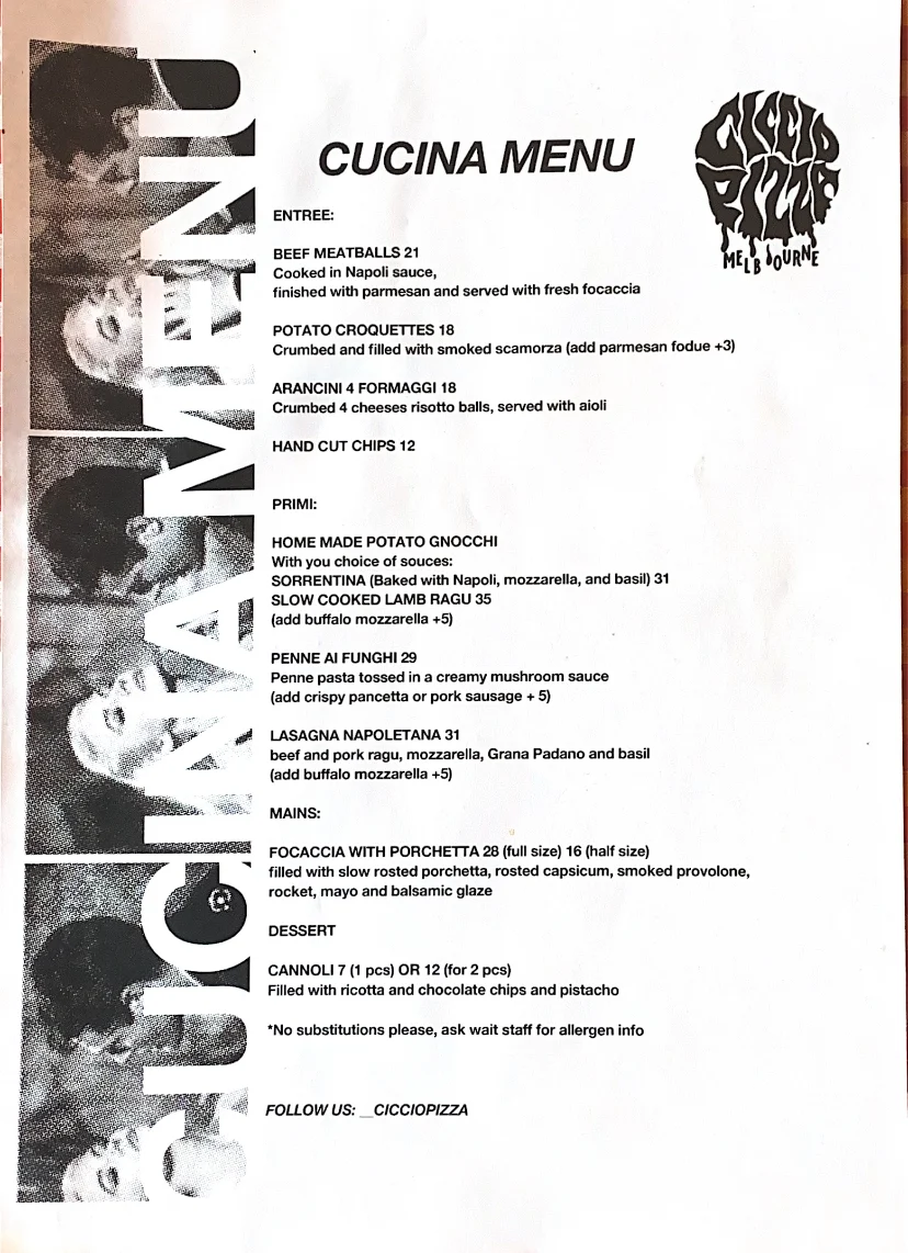 Menu, Ciccio Pizza