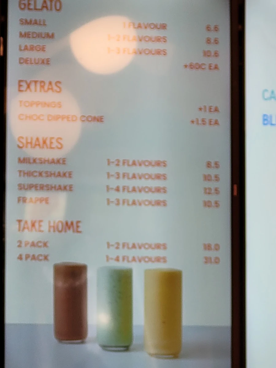 Menu, Gelatissimo Surfers Paradise