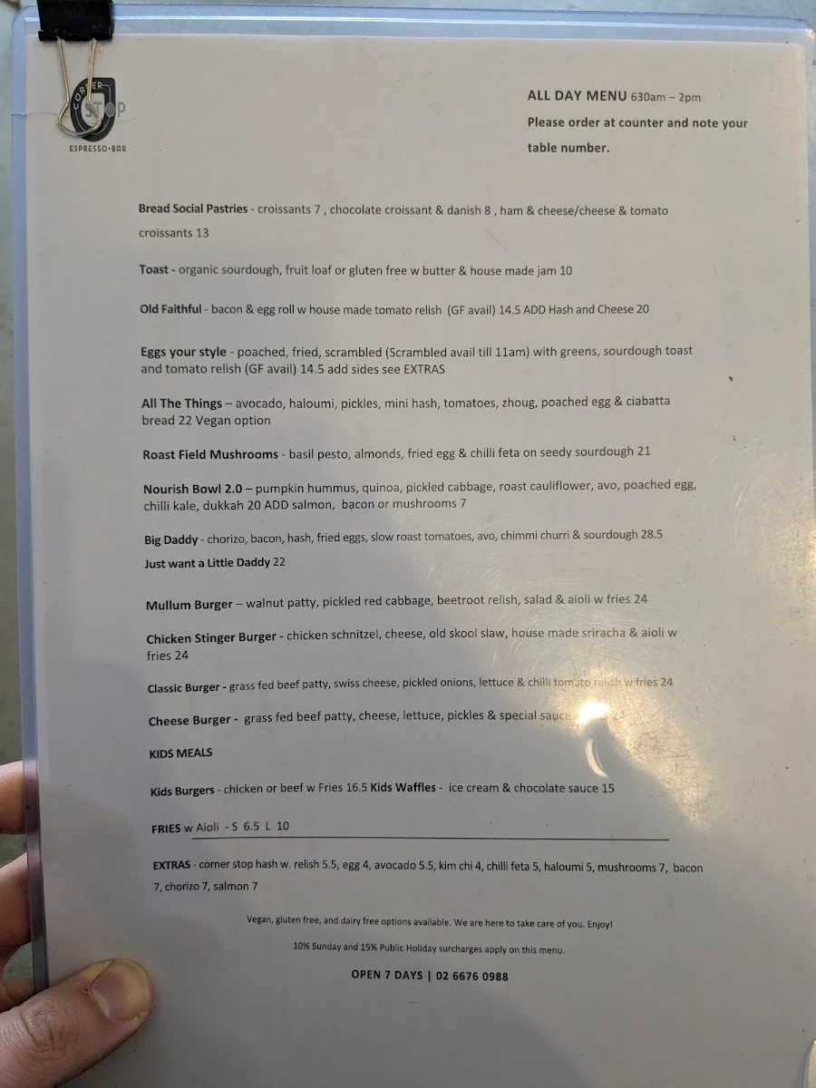 Menu, Corner Stop Espresso Bar