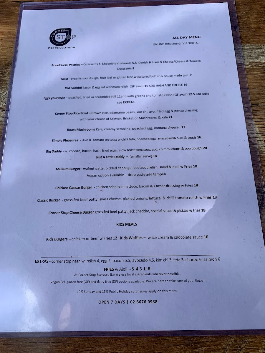 Menu, Corner Stop Espresso Bar