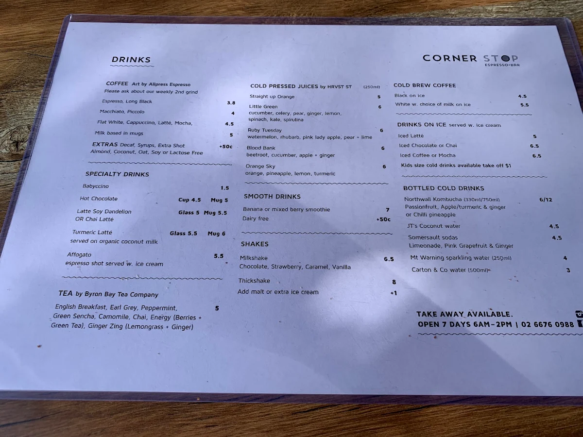 Menu, Corner Stop Espresso Bar