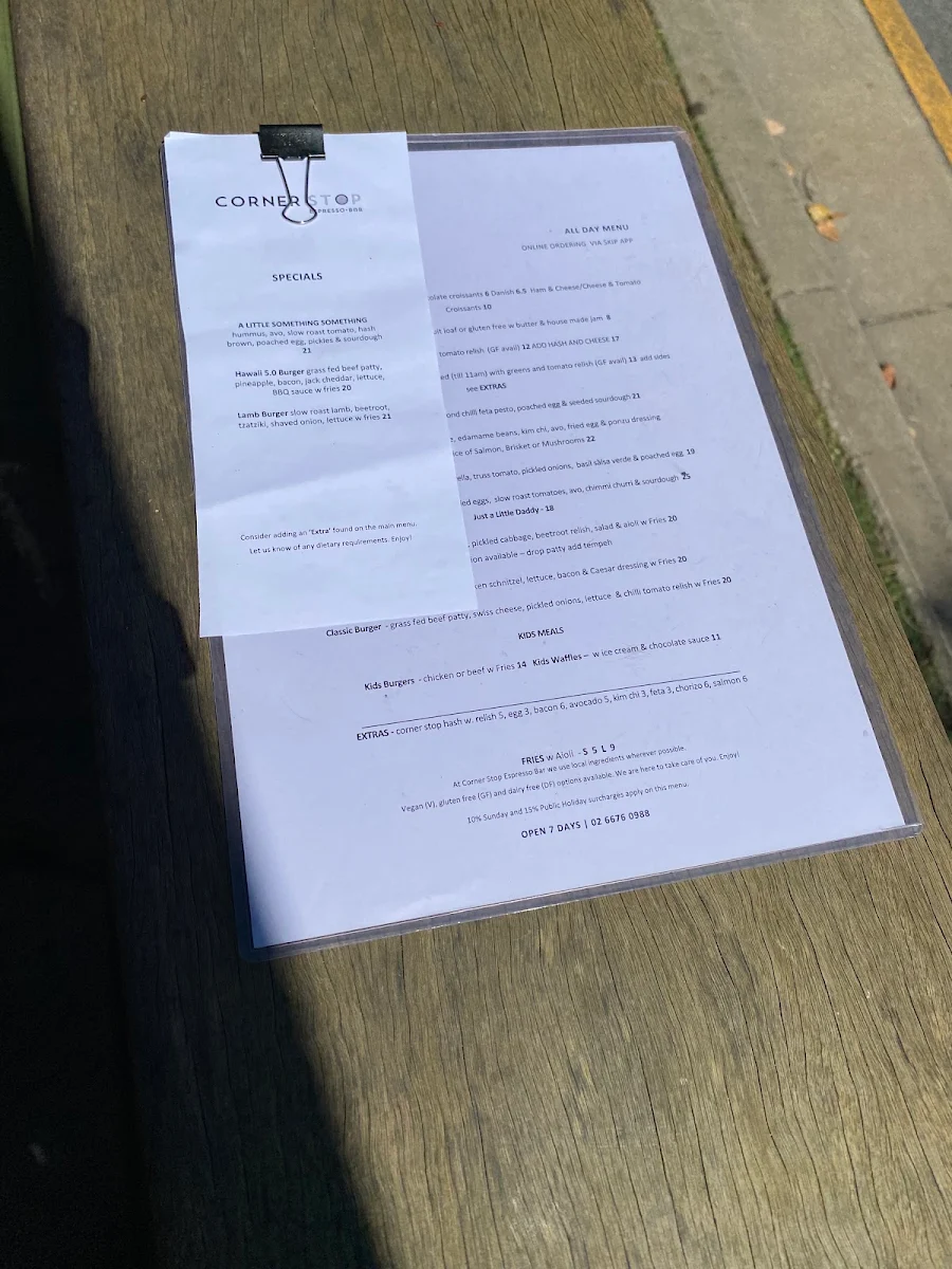 Menu, Corner Stop Espresso Bar