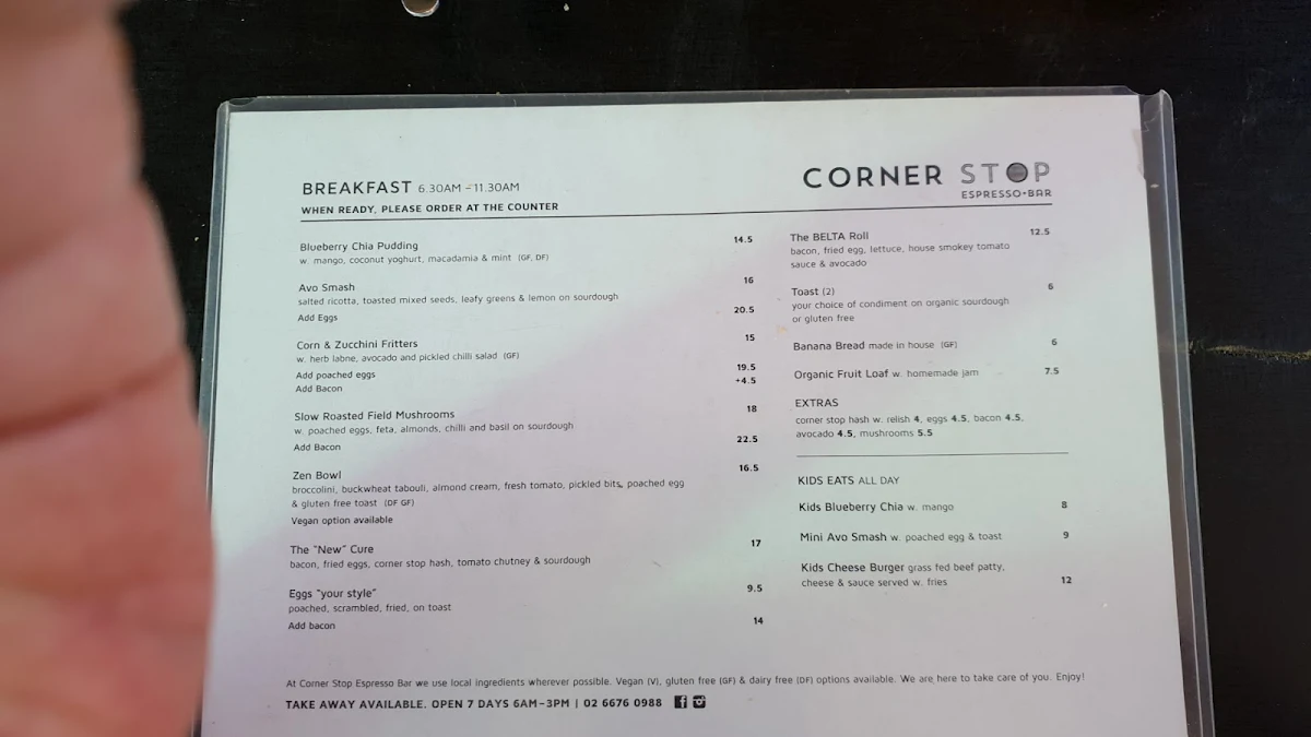 Menu, Corner Stop Espresso Bar