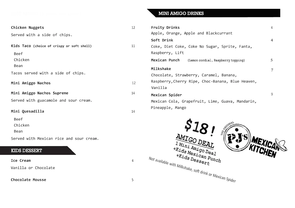 Menu, PJ's Mexican Kitchen Mitcham