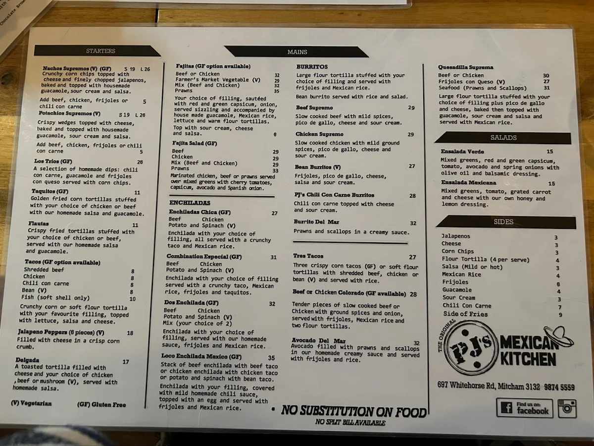 Menu, PJ's Mexican Kitchen Mitcham