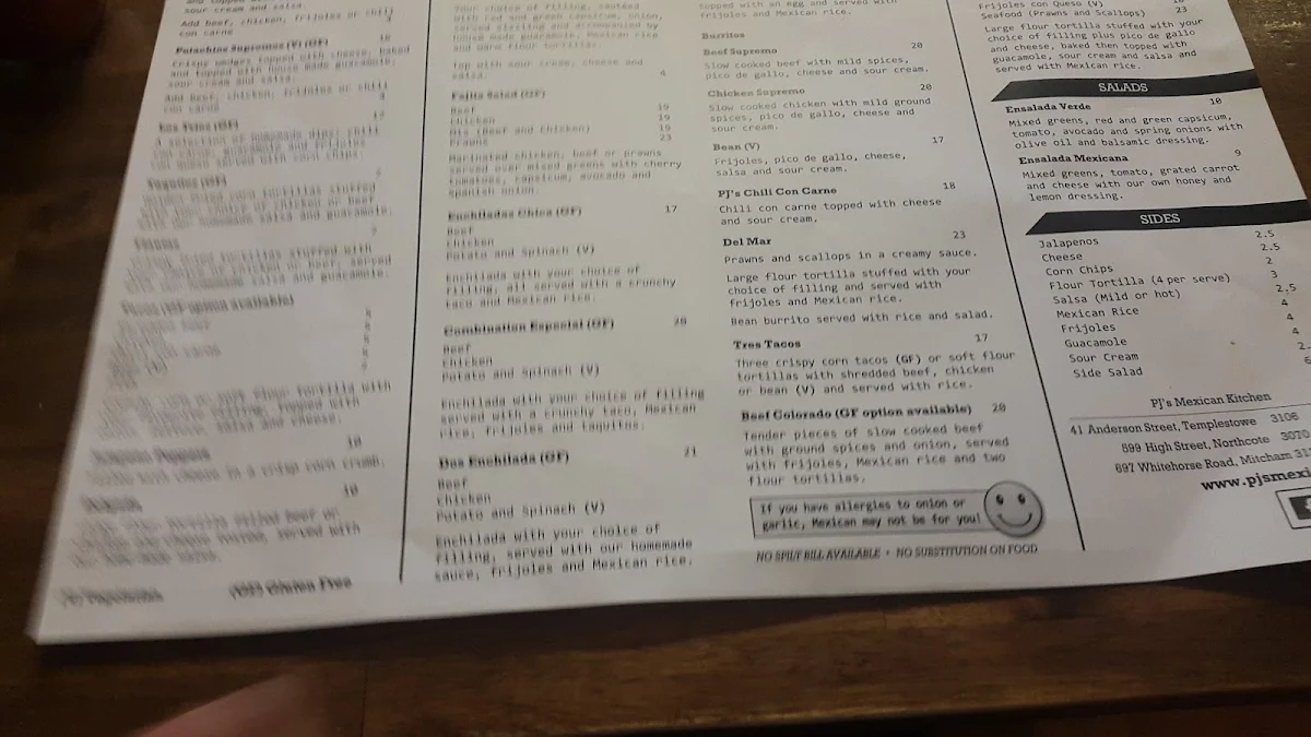 Menu, PJ's Mexican Kitchen Mitcham