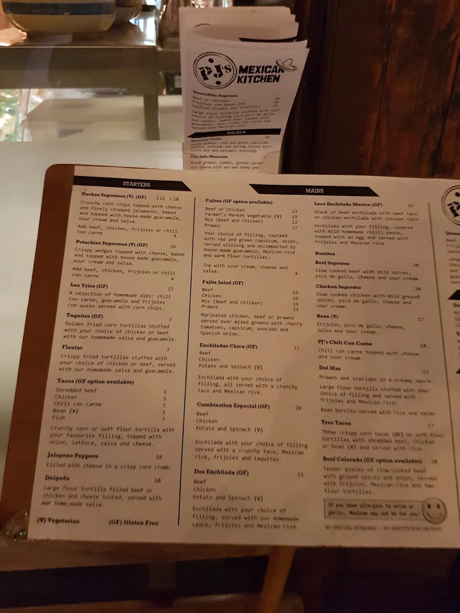 Menu, PJ's Mexican Kitchen Mitcham