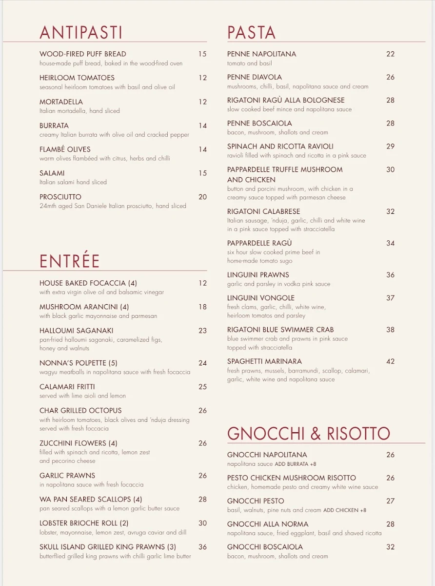 Menu, GRANATA'S Merrylands