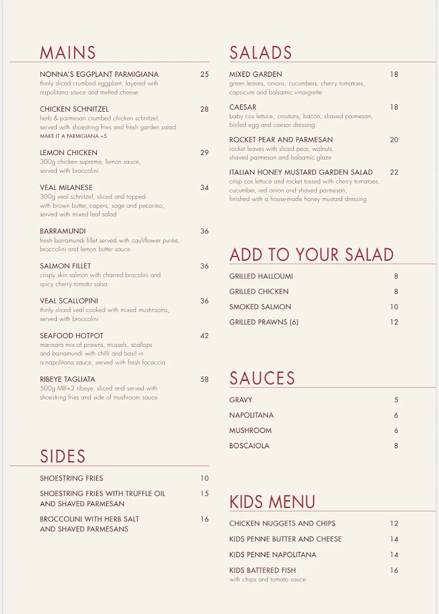 Menu, GRANATA'S Merrylands