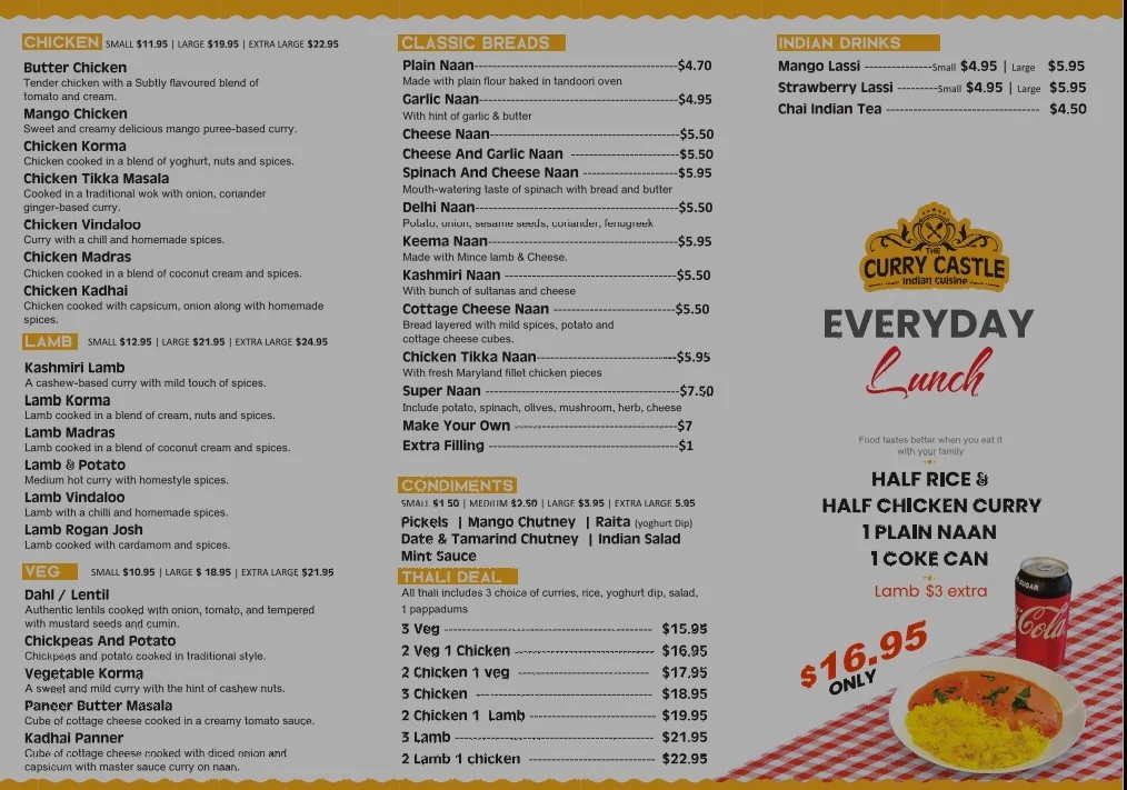 Menu, The Curry Castle