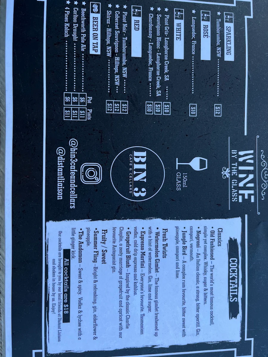Menu, Bin 3 Cafe And Wine Bar