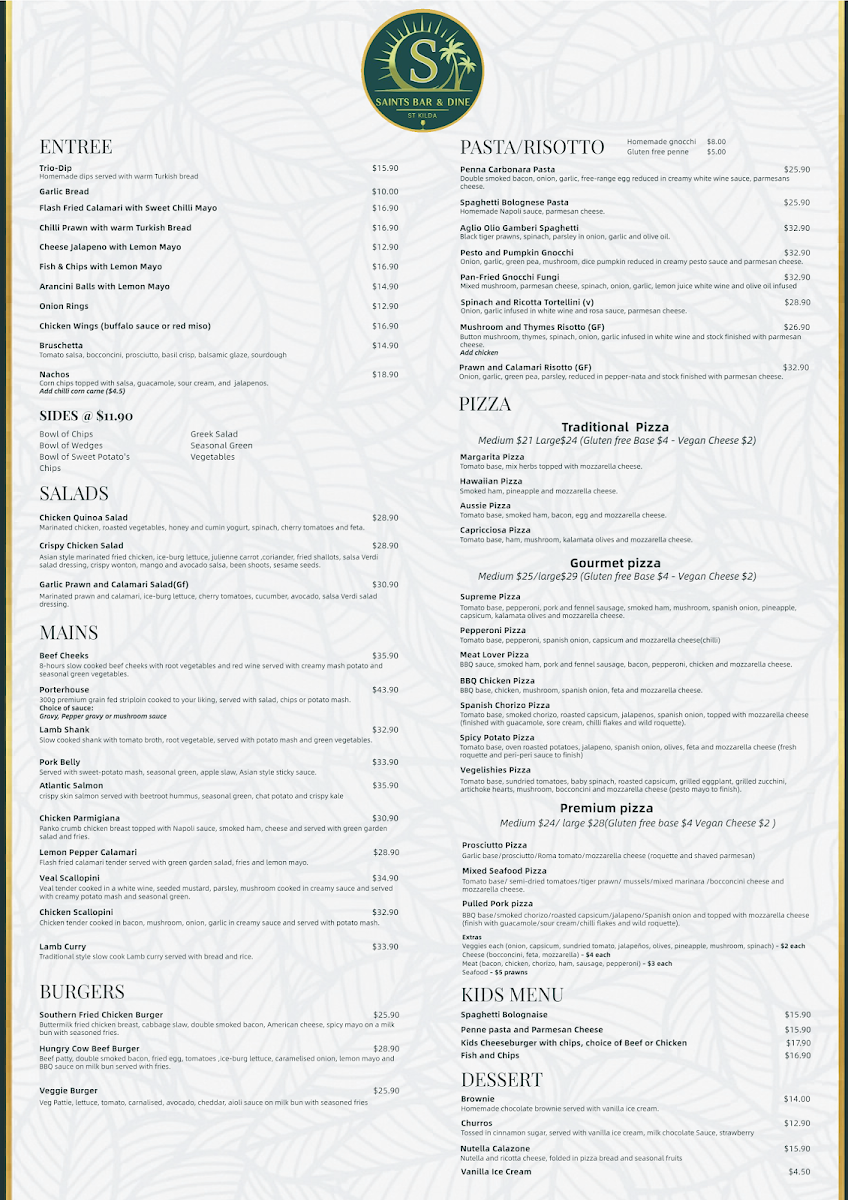 Menu, Saints Bar And Dine