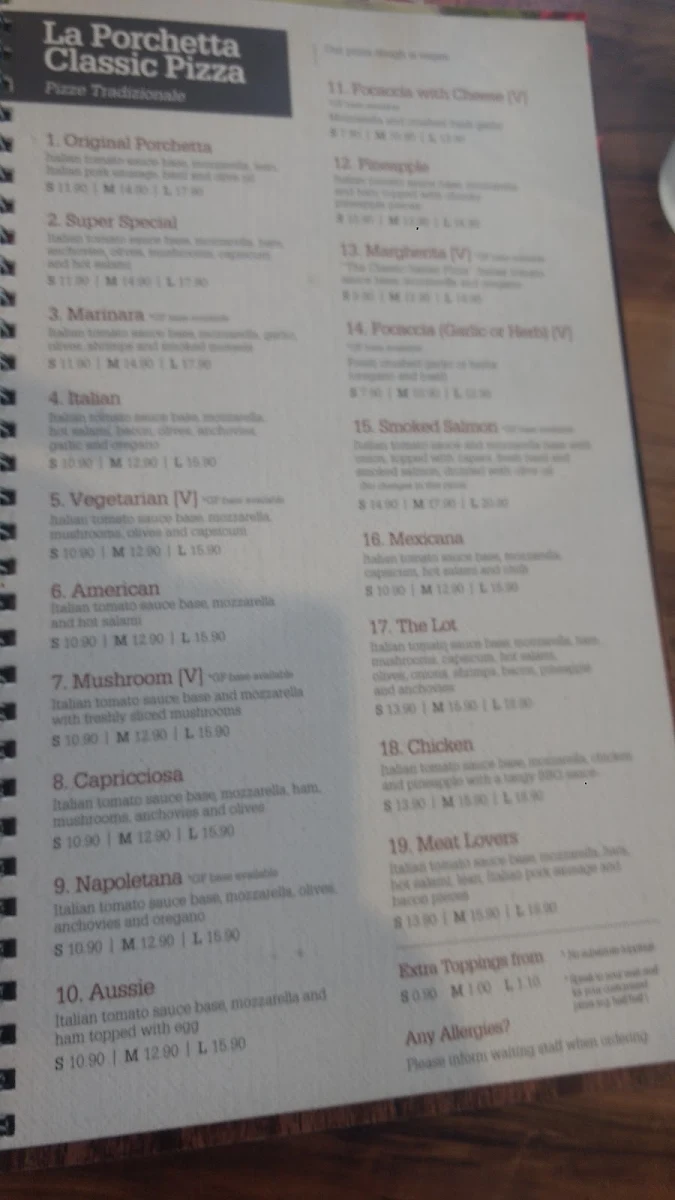 Menu, La Porchetta | Best Italian Restaurant in Phillip Island