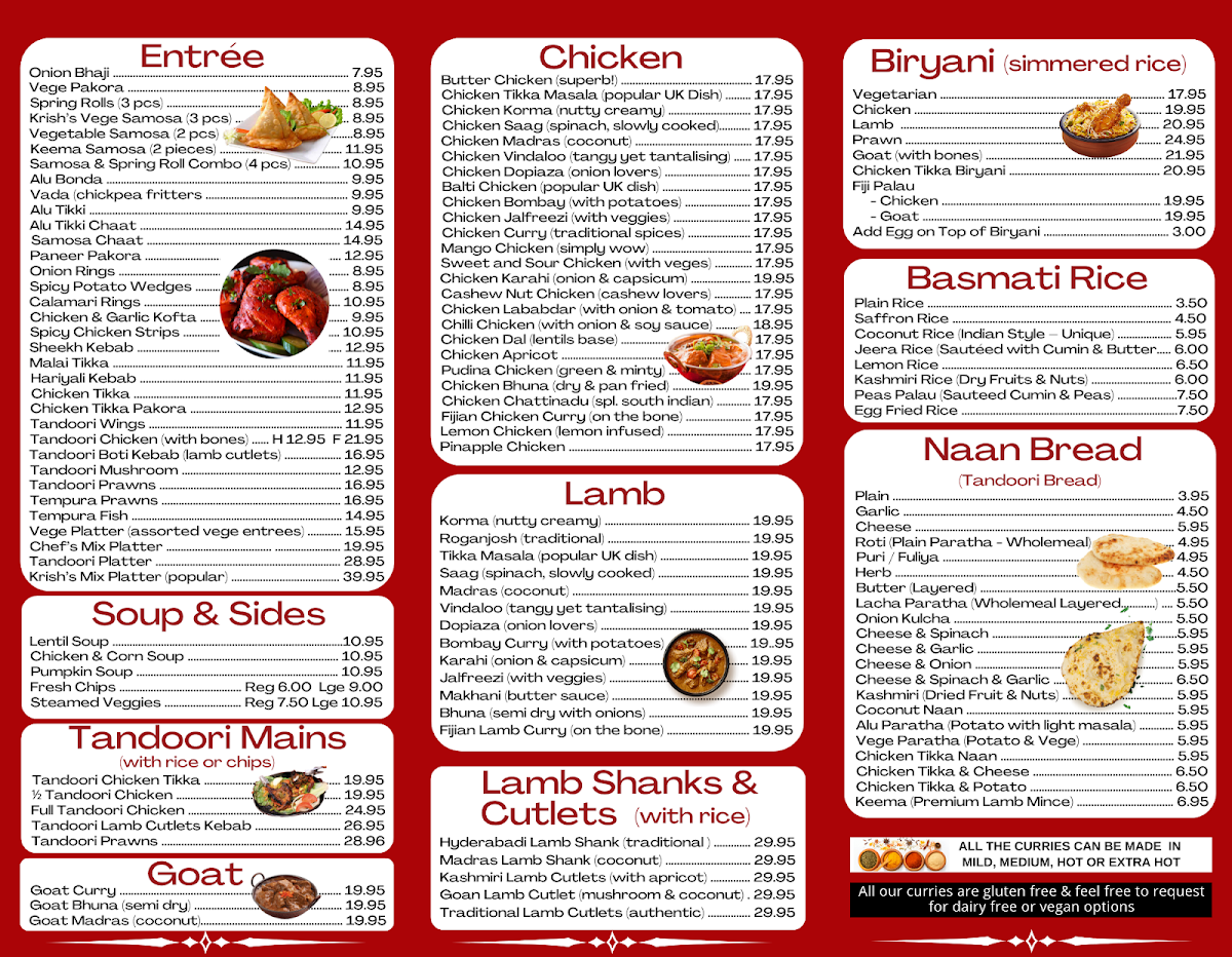 Menu, Krish Indian Cuisine Varsity Lakes