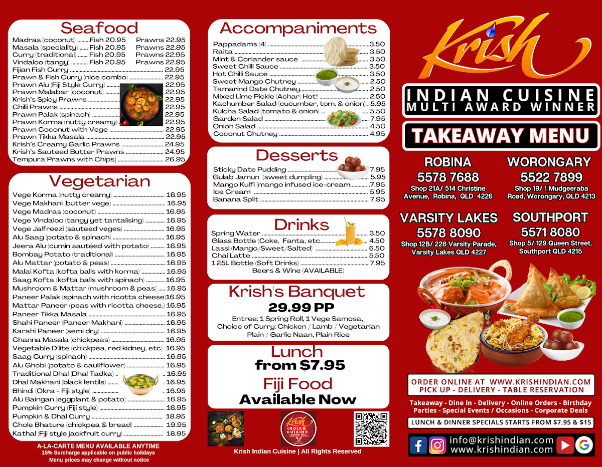 Menu, Krish Indian Cuisine Varsity Lakes
