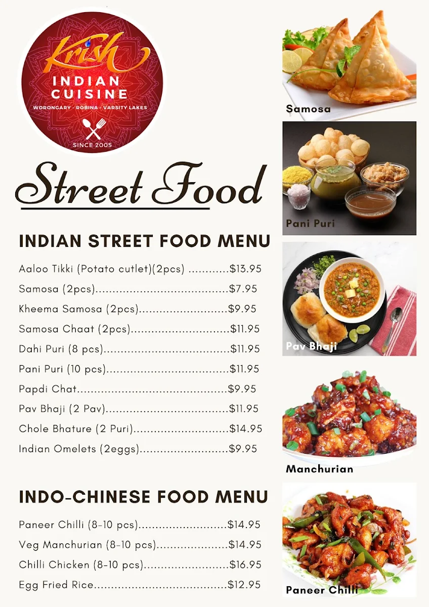 Menu, Krish Indian Cuisine Varsity Lakes