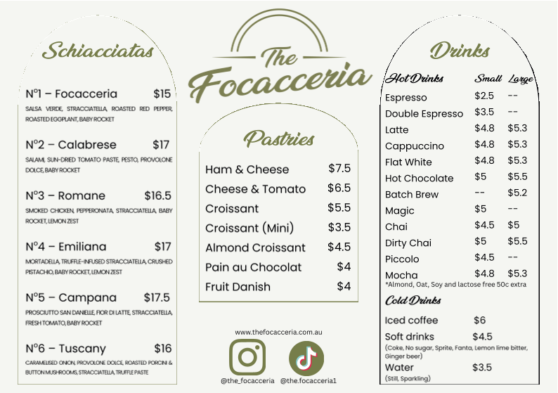 Menu, The Focacceria
