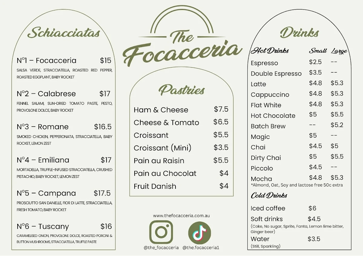 Menu, The Focacceria