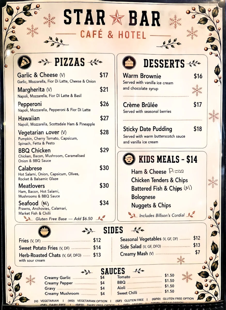 Menu, Star Bar Cafe