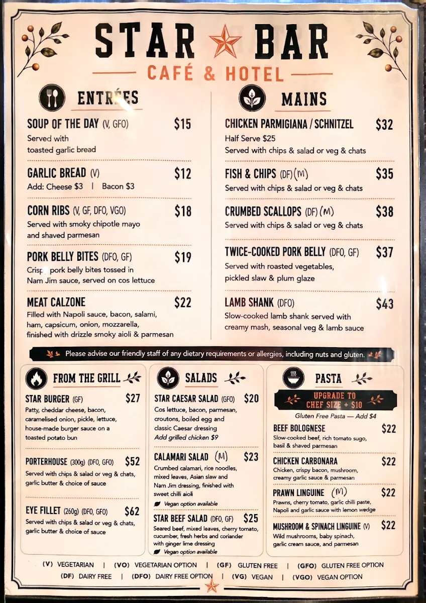 Menu, Star Bar Cafe