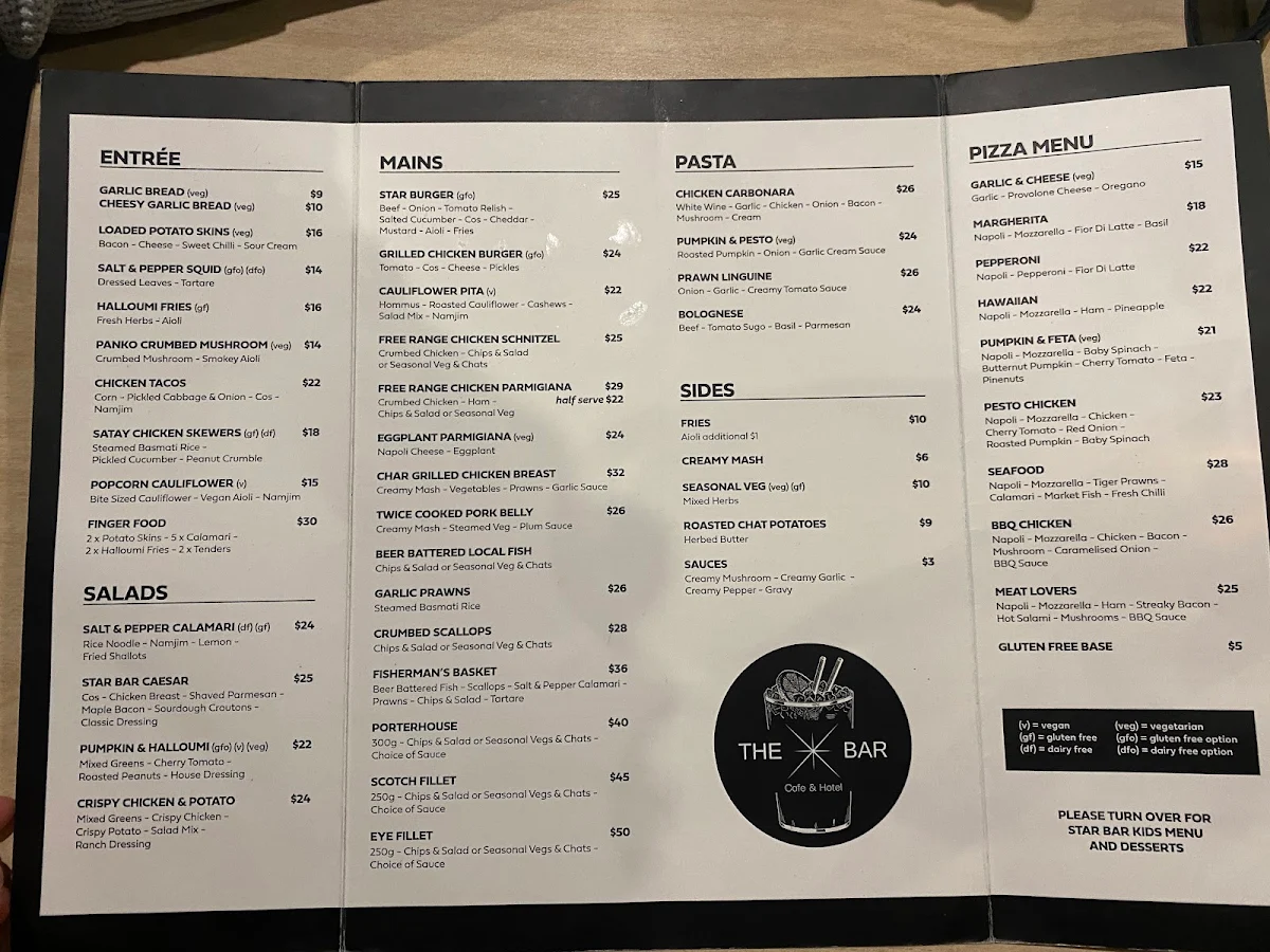 Menu, Star Bar Cafe